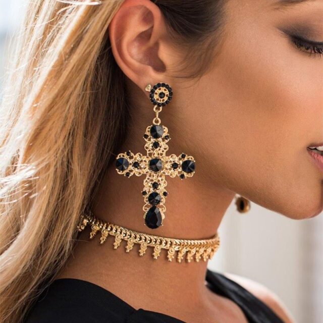 Wholesale Vintage Boho Crystal Cross Drop Earrings for Women Baroque Bohemian Large Long Earrings Jewelry Brincos 2020