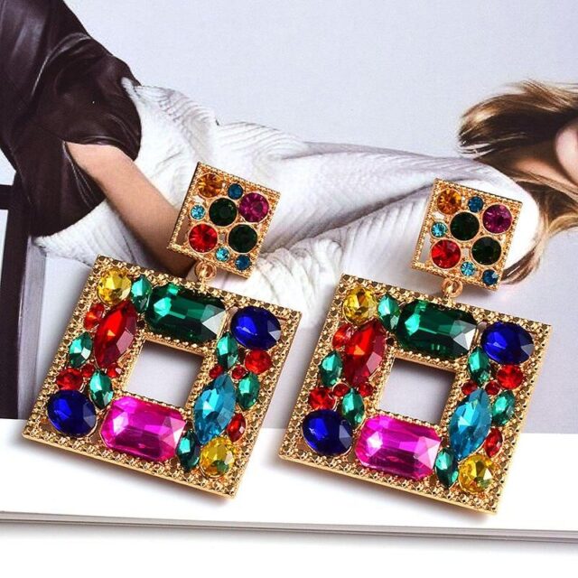 New Design Square Metal Colorful Crystal Dangle Drop Earrings High-Quality Fashion Glass Pendant Jewelry Accessories For Women